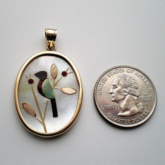 Native American ZUNI 14K Yellow Gold Mother Of Pearl Coral Jade Inlay Pendant